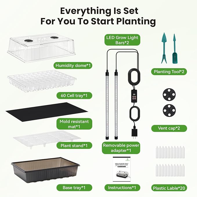 Seed Starter Tray with Grow Light - 60 Cells Self-Watering Seed Starter Kit with 24/7 LED Grow Light, 4’’ Humidity Dome for Herbs, Indoor Plant Germination (1)