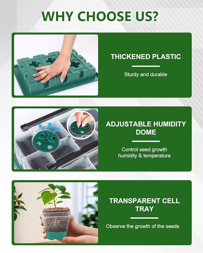 joyhalo 12 Cell Seed Starter Kit with Grow Light and Graphene Heating Mat, Reusable Seed Starter Tray with Higher 4.7”Humidity Domes and Large Clear Silicone Base Nursery Pots