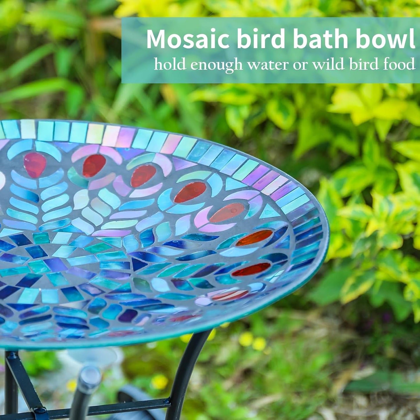 VCUTEKA Mosaic Bird Bath, Glass Birdbath Detachable with Metal Standing for Outdoor Patio Garden Backyard Décor