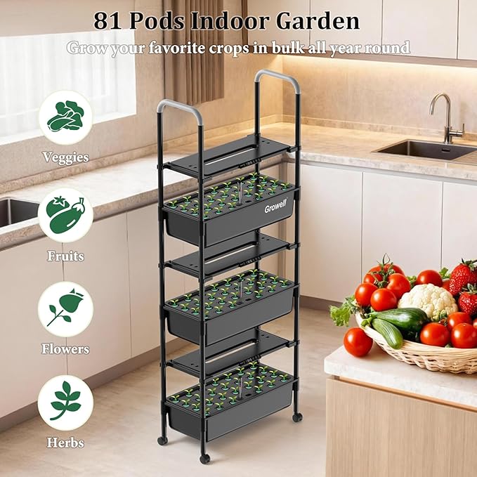 Growell Hydroponics Growing System Kit, 81 Pods Vertical Indoor Herb Garden with Smart LED Grow Light, Auto Circulating Water Pump Each Tier, 42L Hydroponic Gardening Systems for Ideal Gifts (Black)
