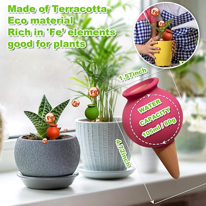 Tuzinano 4-Pack Terracotta Self-Watering Spikes | Eco-Friendly Iron-Rich Clay Olla Irrigation System | Vacation Plant Sitter for Potted Flowers, Herbs, and Succulents