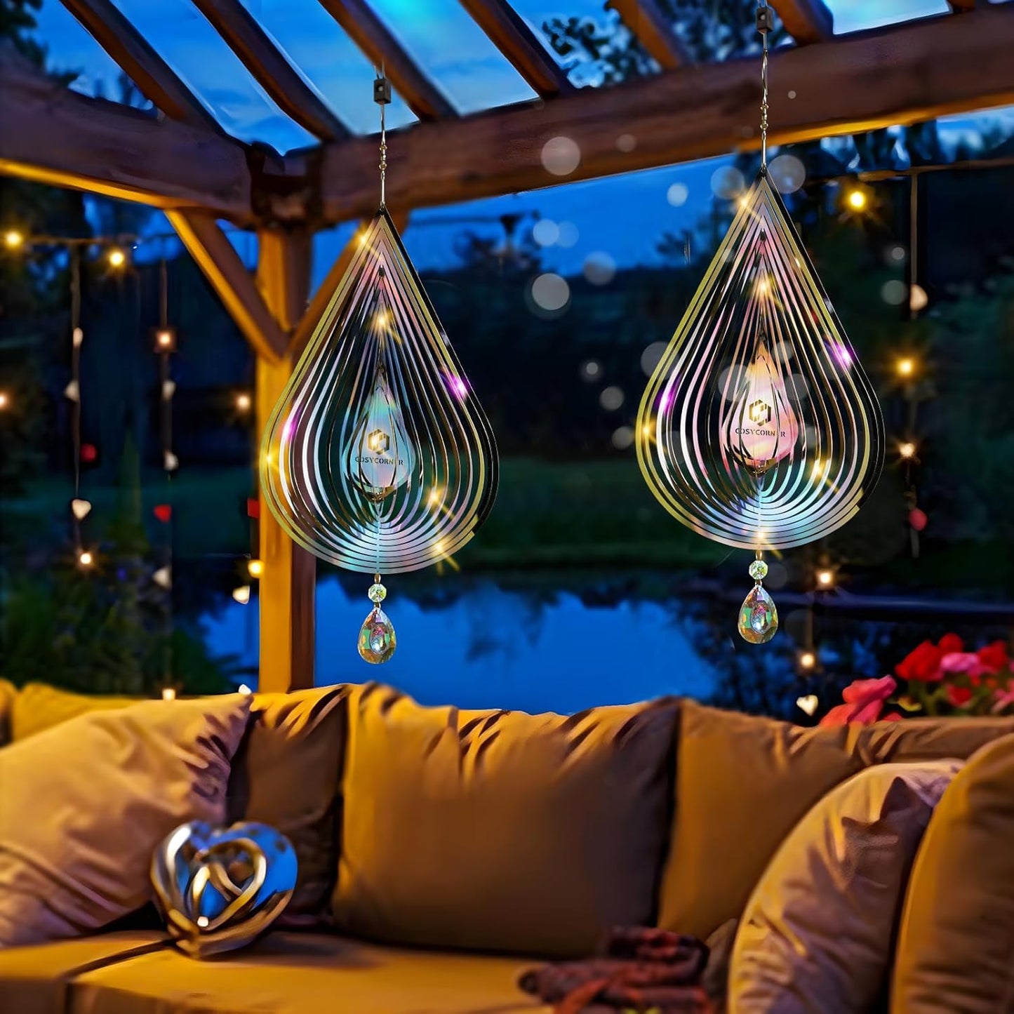 3D Wind Spinners Outdoor Flowing-Light Effect Metal Garden Decor, Highly Reflective Bird Deterrents for Outside, Mirrored Wind Sculptures to Scare Birds Away from Yard Patio Farm (Water-Drop-Silver)