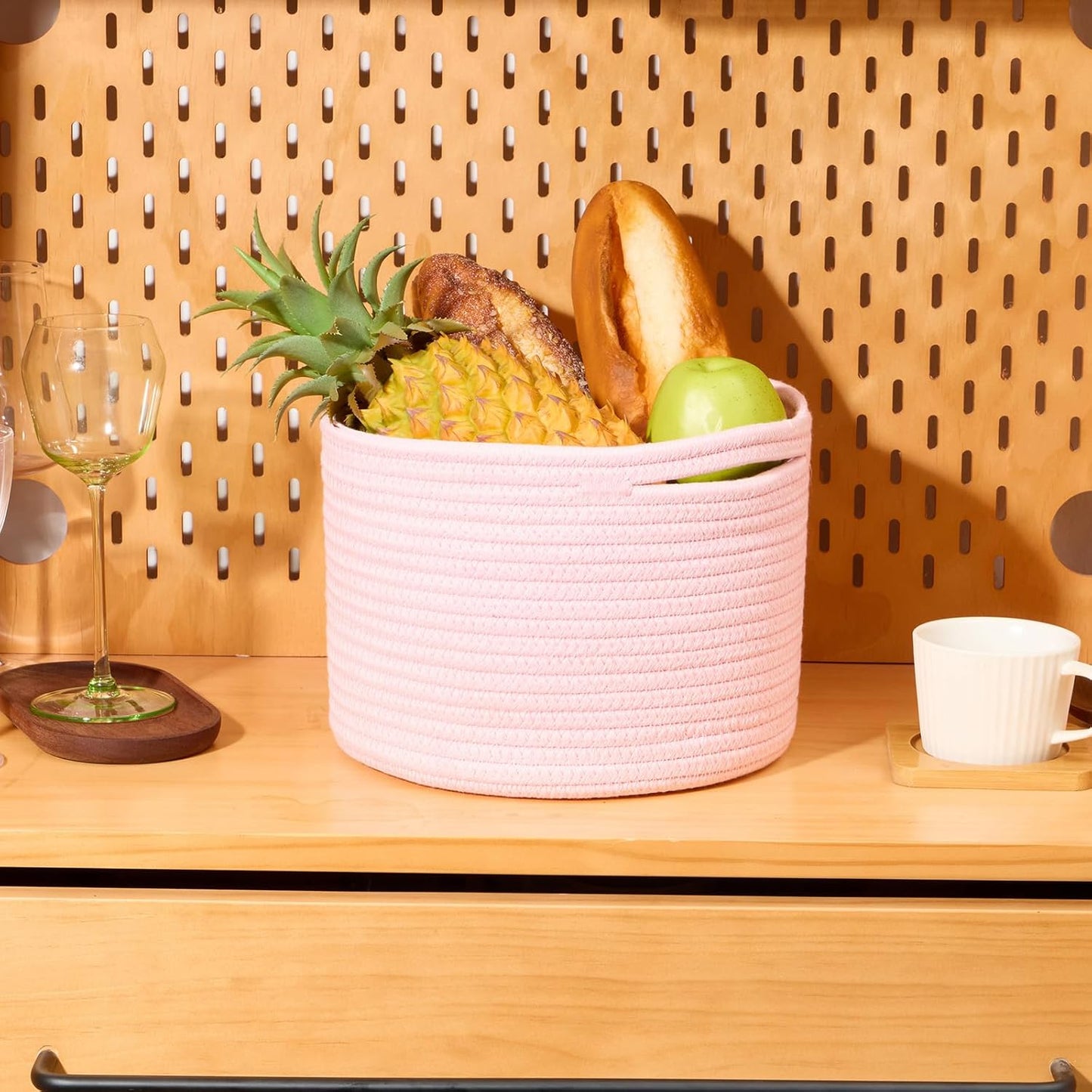 Small Basket for Organizing | Cube Shelf Closet Storage Baskets | 9.7×9.7×7.1” | Woven Rope Gift Basket | Nursery | Round 3 Packs Light Pink