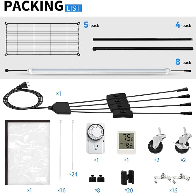 JESLED Indoor Greenhouse with Grow Light, 4FT Full Spectrum 5000K LED Light for Seed Starting, Tiered Lighting Control, Built-in Timer & Thermo-Hygrometer, Rolling Metal Plant Stand (47.2x13.8x70IN)