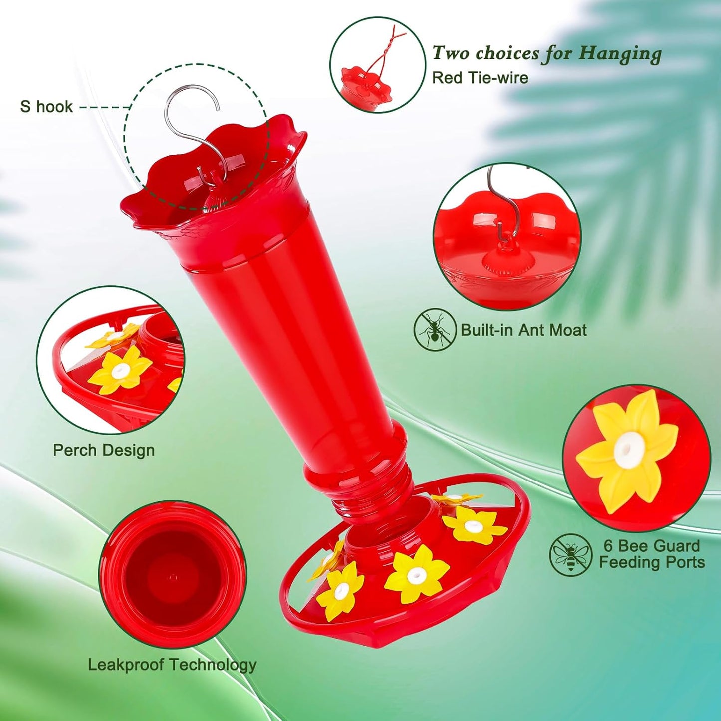 FEED GARDEN 10oz Plastic Hummingbird Feeders for Outdoors - 2 Pack Red, Ant & Bee Proof, 6 Feeding Ports, Easy Clean Red Nectar Feeders for Outside Hanging, Gifts for Mom