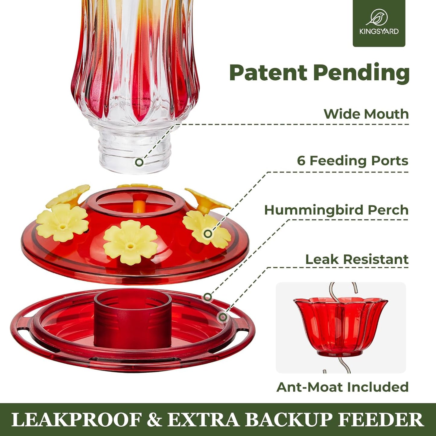 Kingsyard Hummingbird Feeder for Outdoors Hanging, 25 Ounces, Glass Humming Bird Nectar Feeder with Ant Moat & 6 Feeding Ports, Leak Proof, Red