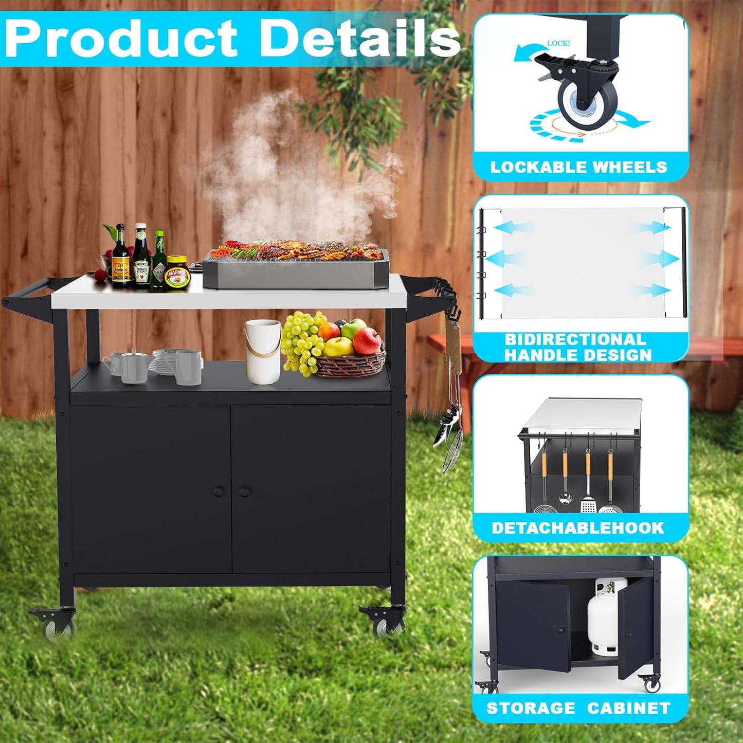 Outdoor Grill Table with Storage, Stainless Steel Grill Cart, Outdoor Kitchen Island Prep Stand Station,Blackstone Griddle Stand, BBQ Serving Cart Rolling Bar Cart with 4 Utensil Hooks