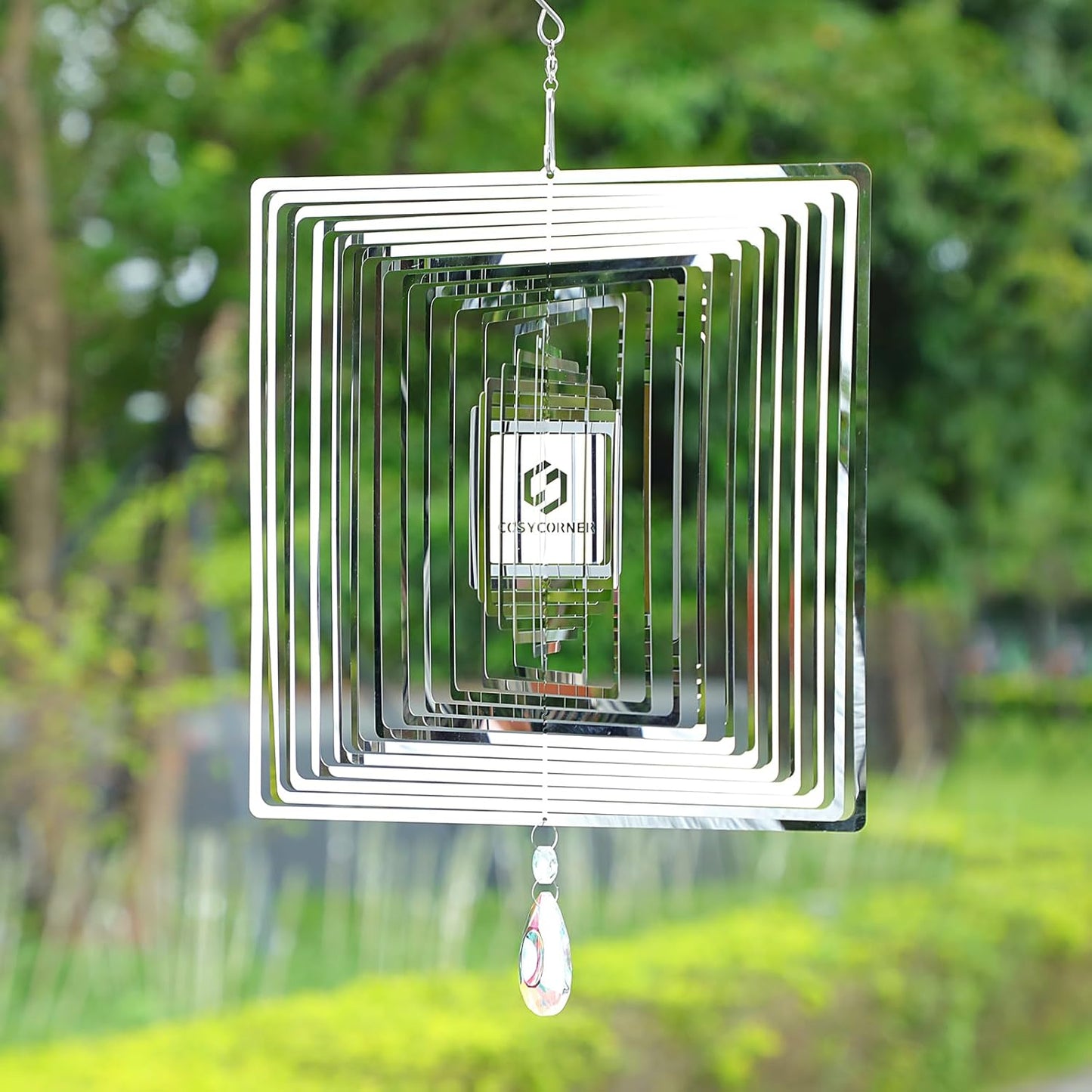 Wind Spinners Outdoor – Colorful Garden Wind Spinners & Yard Decorations, Outside Wind Chimes for Garden Decor, Birthday Gifts for Women (Square-Silver, 11.9 inch)
