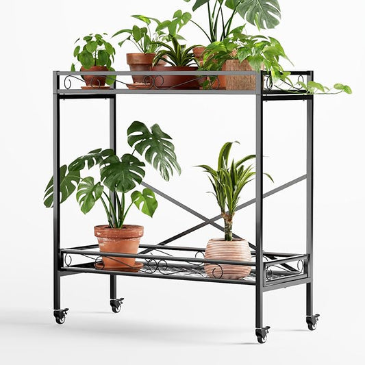 Zhongma 2 Tier Sturdy Metal Plant Stand with Wheels,Heavy Duty Succulent Shelf for Home Indoor and Outdoor, 440 LBS Capacity & Heavy Duty Construction,36.6x16x39.4 Inch High