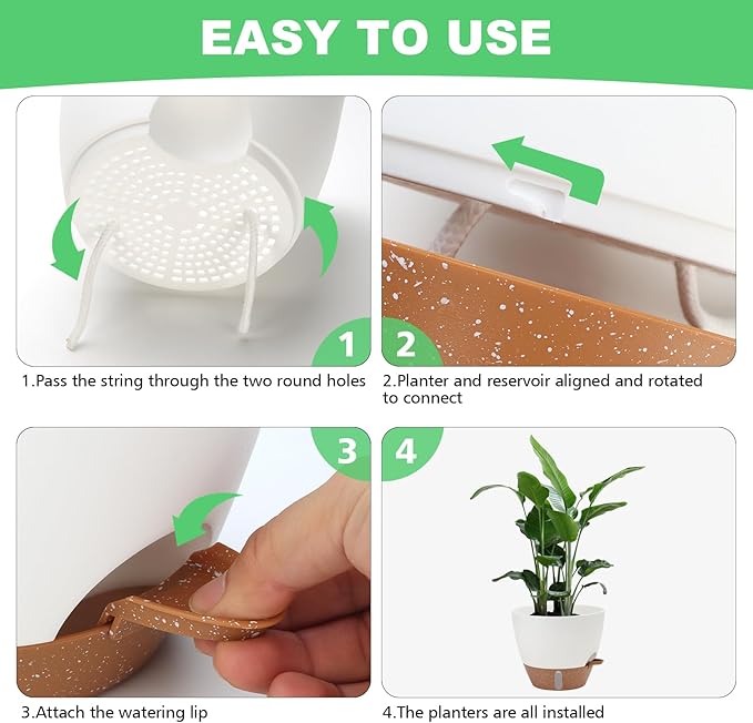 Self Watering Planter with Visual Water Level, 6Pack Small Plastic Pot Set with Drainage Holes and Reservoir Saucers, Modern 8+7+6.5+6+5.5+5 Inch Bottom Watering Flower Pots for Indoor Plant - White