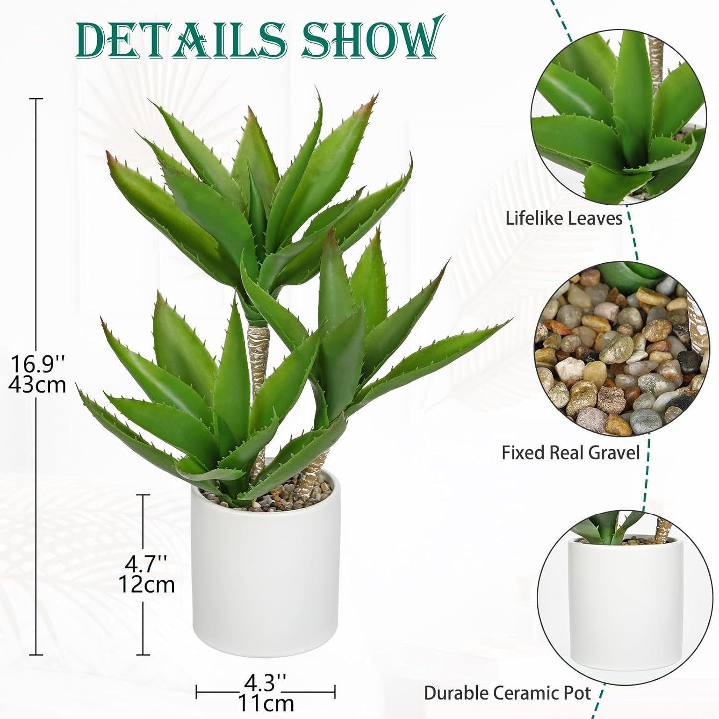 Hollyone Large Artificial Agave Plants Fake Three-Head Agave Succulents Plant Potted 17" Faux Plant in White Pot Succulent Aloe Vera Plants Indoor for Desk Modern Home Decor