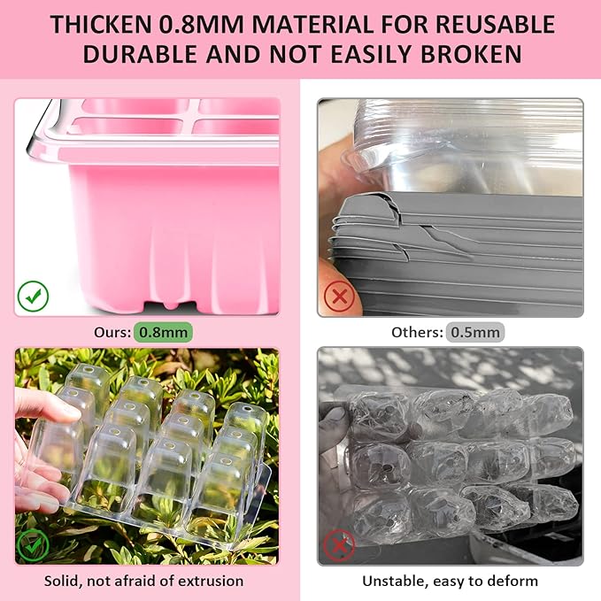 YAUNGEL Seed Starting Trays, 10 Pack 120 Cells Thicken Seed Starter Tray Kit with Humidity Dome/Heightened Lids Durable Growing Trays for Greenhouse & Gardens, Pink