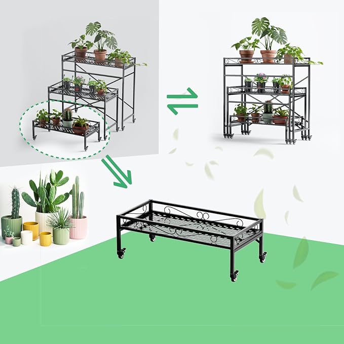 Zhongma Sturdy Metal Plant Stand with Wheels,Heavy Duty Succulent Shelf for Home Indoor and Outdoor, 220 LBS Capacity & Heavy Duty Construction,32.7x16x11.6 Inch High