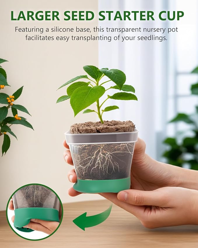 joyhalo 12 Cell Seed Starter Kit with Grow Light and Graphene Heating Mat, Reusable Seed Starter Tray with Higher 4.7”Humidity Domes and Large Clear Silicone Base Nursery Pots