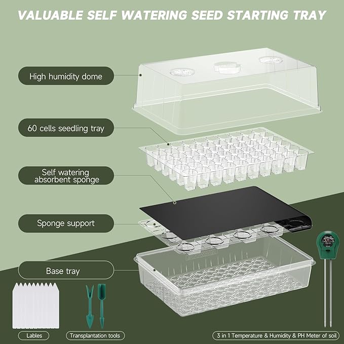 Adawook Self Watering Seed Starter Trays, Clear Seed Starter Kit Tray with High Humidity Domes, Seed Starting Trays (Garden 1PC, 1)