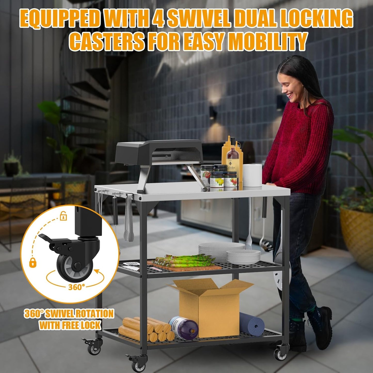 Outdoor Grill Cart,Pizza Oven Table with 4 Wheels,Three-Shelf Movable Dining Cart Table,BBQ Food Prep Work Table,Stainless Steel Flattop Grill Stand for Kitchen Backyard, with Waterproof Cover