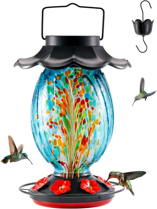Solar Hummingbird Feeder - 49 fl.oz Hand Blown Glass Color Changing - 7 Feeding Ports with Perch - Never Leak - Perfect Hummingbird Feeder for Outdoors Hanging (Blue)