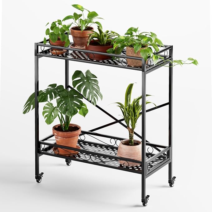 Zhongma 2 Tier Sturdy Metal Plant Stand with Wheels,Heavy Duty Succulent Shelf for Home Indoor and Outdoor, 440 LBS Capacity & Heavy Duty Construction,32.7x16x39.4 Inch High