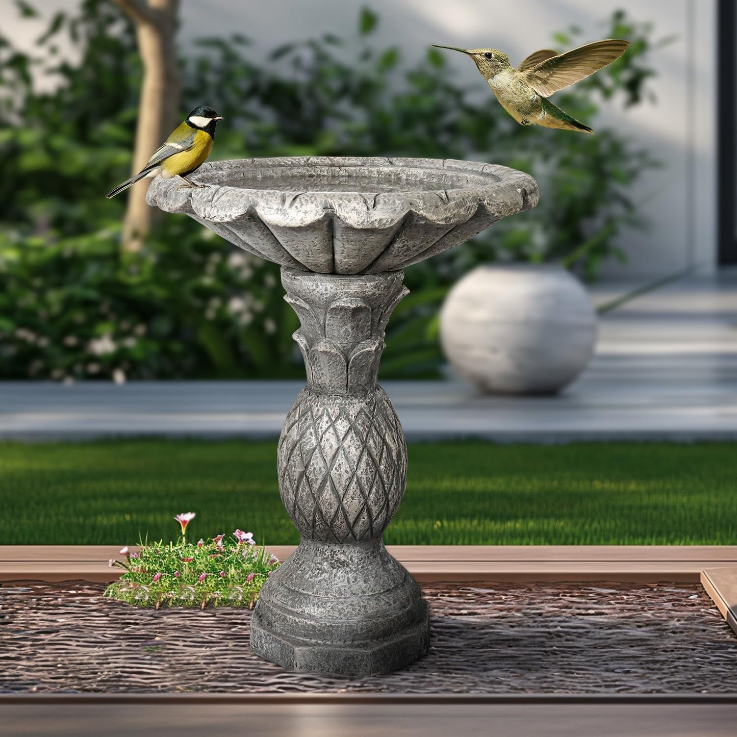 watnature 24.8" H Cement Modern Outdoor Bird Bath - Fibre Reinforced Concrete Bird Baths for Garden, Large Size Elegant Carved Garden Birdbaths with Pedestal for Patio, Backyard, Lawn Decor