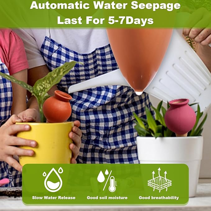 Tuzinano 4-Pack Terracotta Self-Watering Spikes | Eco-Friendly Iron-Rich Clay Olla Irrigation System | Vacation Plant Sitter for Potted Flowers, Herbs, and Succulents