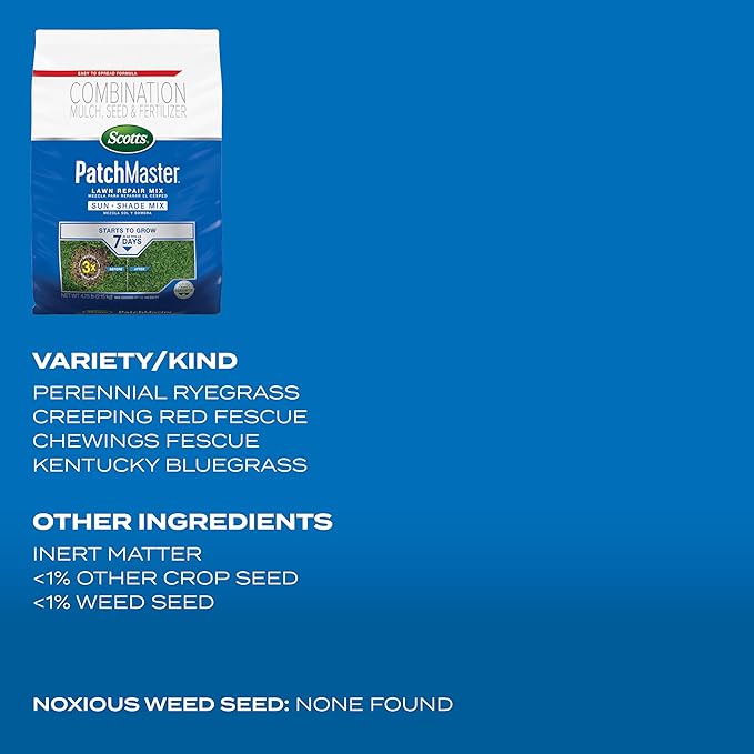 Scotts PatchMaster Lawn Repair Mix Sun + Shade Mix, Combination Grass Seed, Fertilizer, and Mulch, 4.75 lbs.