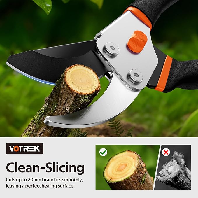 VOTREK Pruning Shears, 8.5” Professional Garden Pruner with Jam-Proof Spring & Ever-Sharp SK5 Blade, Ergonomic Bypass Clippers for Rose, Tree Trimming, Heavy Duty Bonsai Scissor for Weak Hand