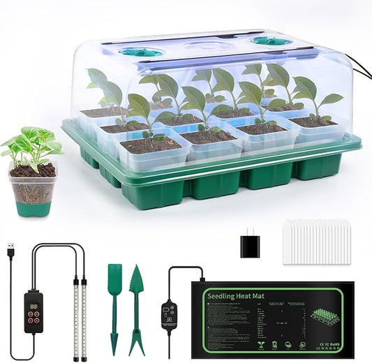 joyhalo 12 Cell Seed Starter Kit with Grow Light and Graphene Heating Mat, Reusable Seed Starter Tray with Higher 4.7”Humidity Domes and Large Clear Silicone Base Nursery Pots