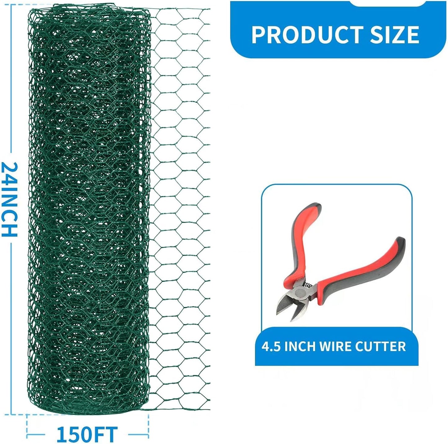 24'' x 150' Green Chicken Wire Fencing, 1 inch Chicken Wire and 20 Gauge Poultry Netting, Garden Mesh Fence Roll for Floral Arrangements/Crafts/Farm/Livestock/Pet Protection