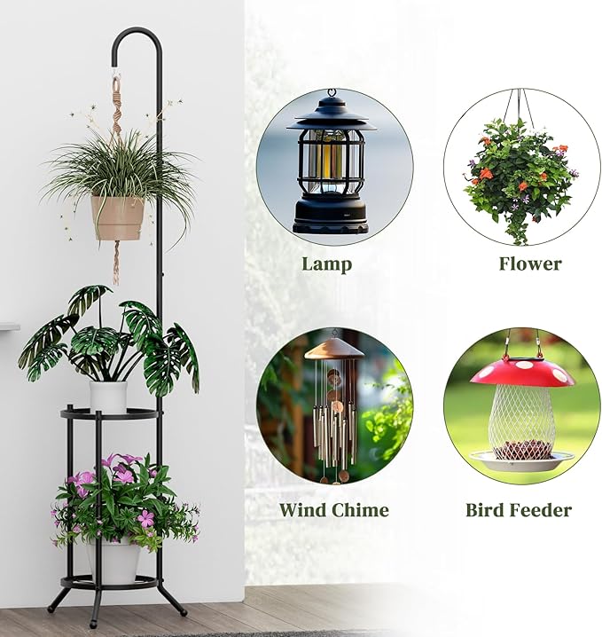 PULIJIAJU 2-tier Hanging Plant Stand Indoor and Outdoor, Space-Saving Iron Plant Shelf, 3 Potted Flower Pot Stand ,Planter Holder for Bedroom Balcony Living Room Patio Garden(Hook Style)
