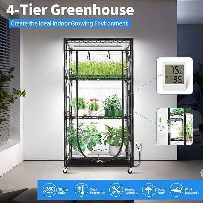 JESLED Indoor Greenhouse with Grow Light - Full Spectrum 5000K LED for Seed Starting, Tiered Lighting Control, Built-in Timer & Thermo-Hygrometer, Rolling Metal Plant Stand (23.6x13.8x59 in)