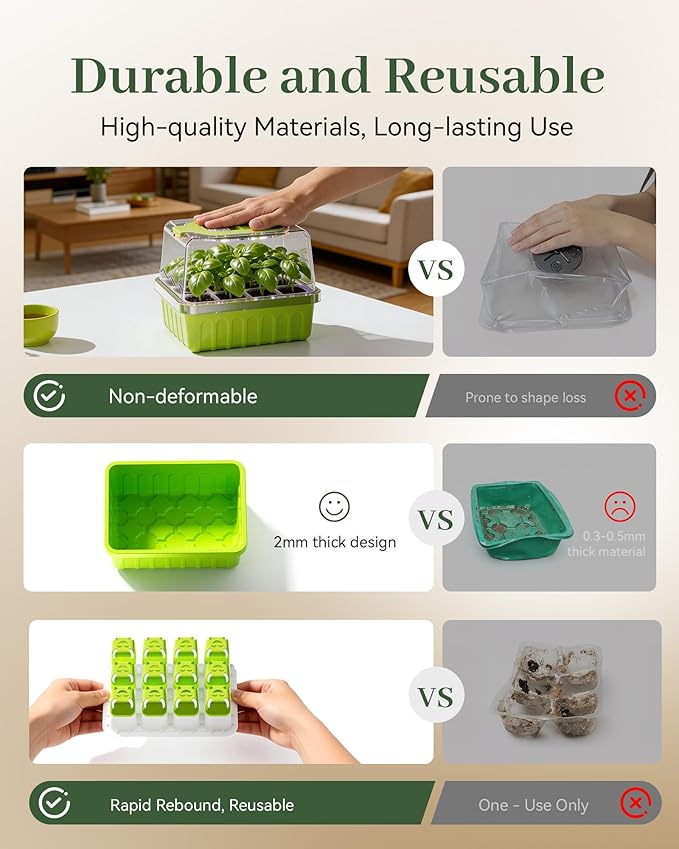 RAINPOINT 2 Pack Seed Starter Tray with Grow Light,2 * 12-Cell Indoor Seed Starter Kit,Flexible Silicone Designed Seedling Starter Trays,Germination Tray with Humidity Dome & Lids, Reusable