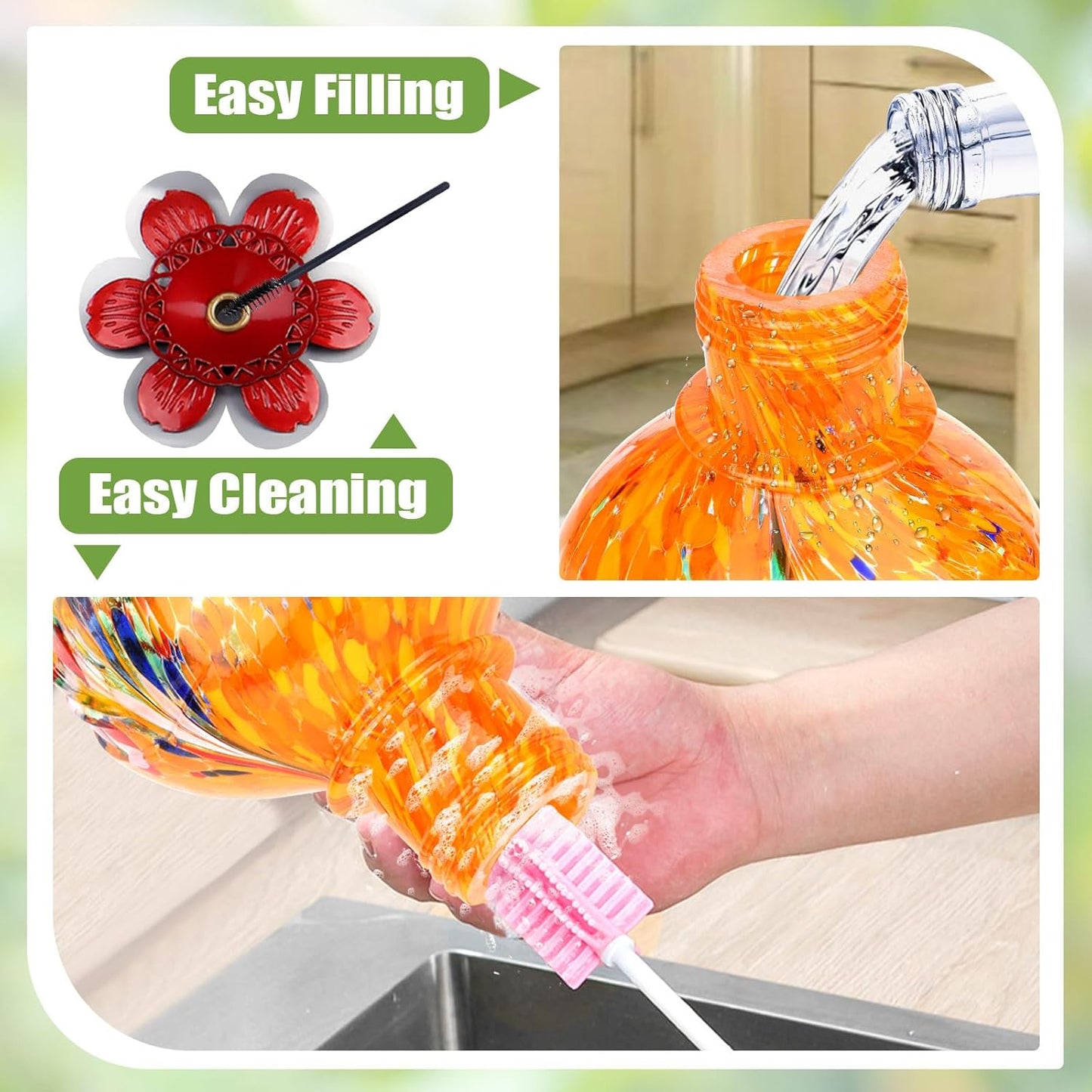 BOLITE Hummingbird Feeder, Hand Blown Glass Hummingbird Feeders for Outdoors Hanging, with Ant Moat and 5 Feeding Ports, 22 Ounces, Peony Flower Shape, Orange, Gifts for Women Men, Gifts for Mom Dad