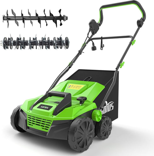 SOYUS 15-Inch 13-Amp Electric Dethatcher and Scarifier with 45L Removable Thath Collection Bag, Corded Lawn Dethatcher with 5-Position Depth Adjustment, Quick-Fold, Increases Lawn Health