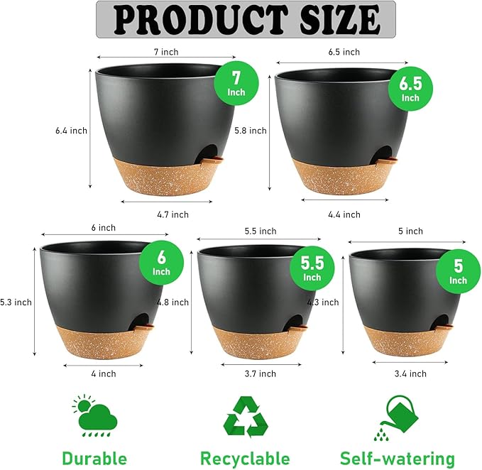 5-Pack Plant Pots with Drainage for Winter Care 7/6.5/6/5.5/5 Inch, Self Watering Pots for Indoor Plants, Planters for Indoor Outdoor Plants, Plastic Flower Pot, Planter for Indoor Outdoor (Black)