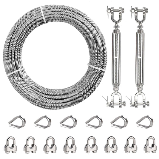 1/4" Wire Rope Kit, 100ft Stainless Steel Cable with 2Pcs 1/4 Turnbuckle, Clamp & Thimble, 7x19 Strands Heavy Duty Metal Cable,1400 lbs Load Limit, Turnbuckles for Cables Wire, Zipline