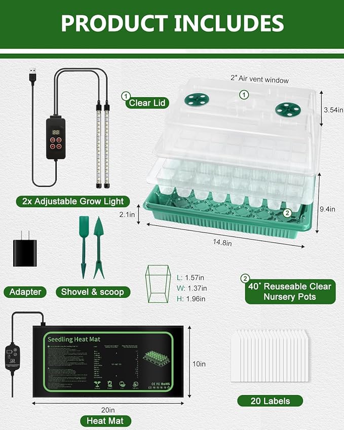 joyhalo 40 Cell Seed Starter Kit with Grow Light and Graphene Heating Mat, Reusable Seed Starter Tray with Higher 4.7”Humidity Domes, Garden Plant Germination Station