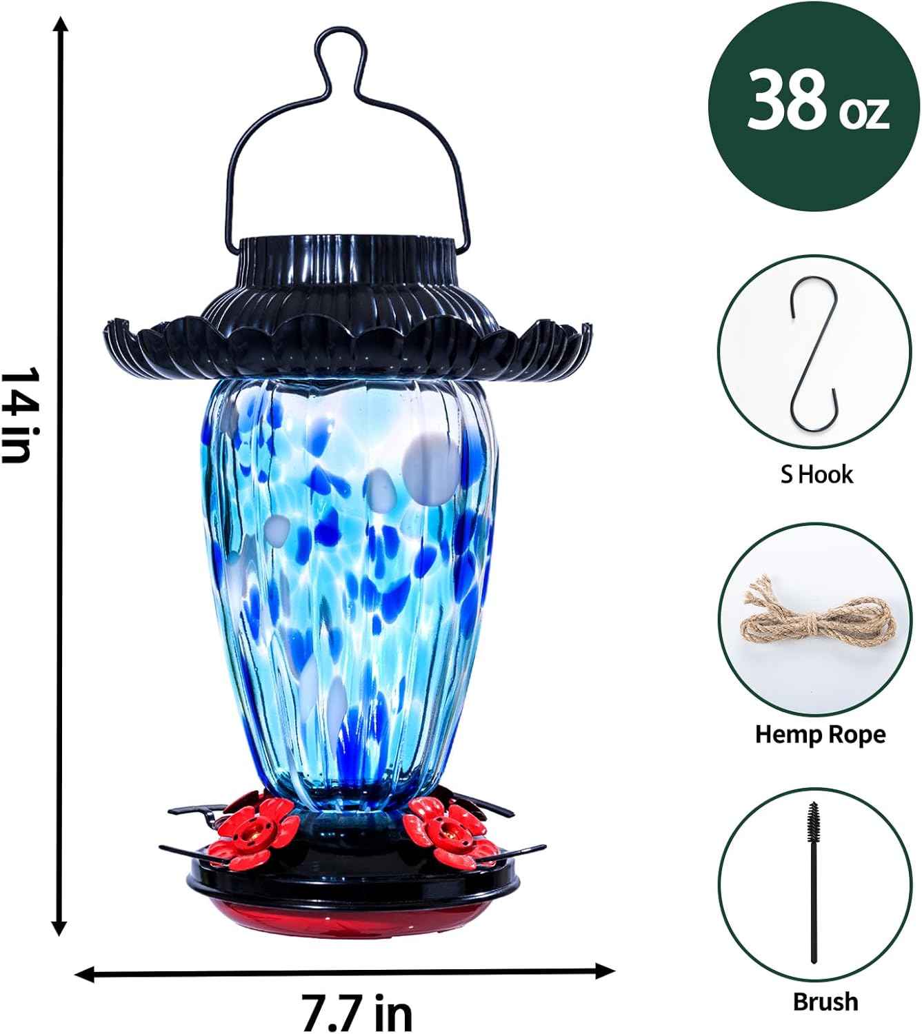 Muse Garden Solar Hummingbird Feeders for Outdoors Hanging, 38oz Hand Blown Glass Humming Bird Feeders for Garden Decor, Moms Birthday Unique, Blue