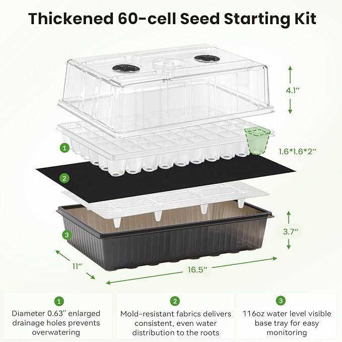 Seed Starter Tray with Grow Light - 60 Cells Self-Watering Seed Starter Kit with 24/7 LED Grow Light, 4’’ Humidity Dome for Herbs, Indoor Plant Germination (1)