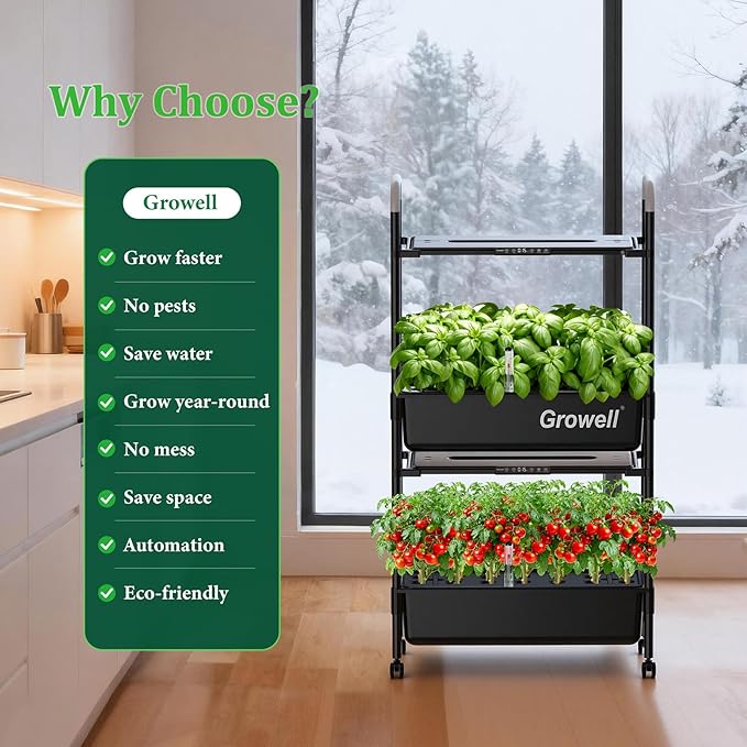 Growell Hydroponics Growing System Kit, 54 Pods Vertical Indoor Herb Garden with Smart LED Grow Light, Auto Circulating Water Pump Each Tier, 28L Hydroponic Gardening Systems for Ideal Gifts (Black)