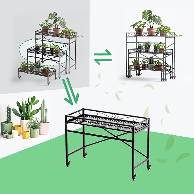 Zhongma Sturdy Metal Plant Stand with Wheels,Heavy Duty Succulent Shelf for Home Indoor and Outdoor, 220 LBS Capacity & Heavy Duty Construction, 36.6 x 16 x 26.2 in High