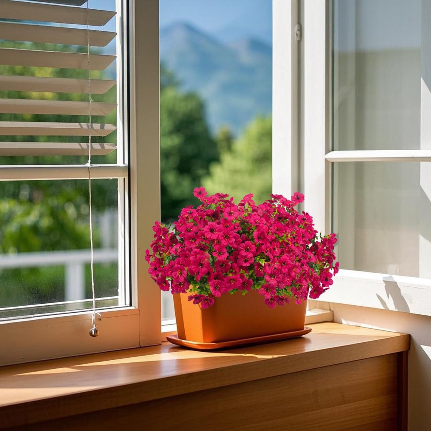 Artificial Fake Flowers for Outdoor Spring Decoration, 16 Bundles Faux Silk Colorful Daisy UV Resistant Realistic for Outside Porch Patio Home Yard Garden Planters Pots Window Box (Rose Red)