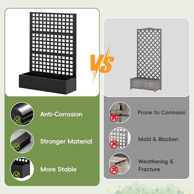 Callales Metal Raised Garden Bed with Trellis, Vegetable and Flower Garden Boxes, Black Planter Box with Trellis for Climbing Plants Vegetable Outdoor Indoor, Large 1Pc