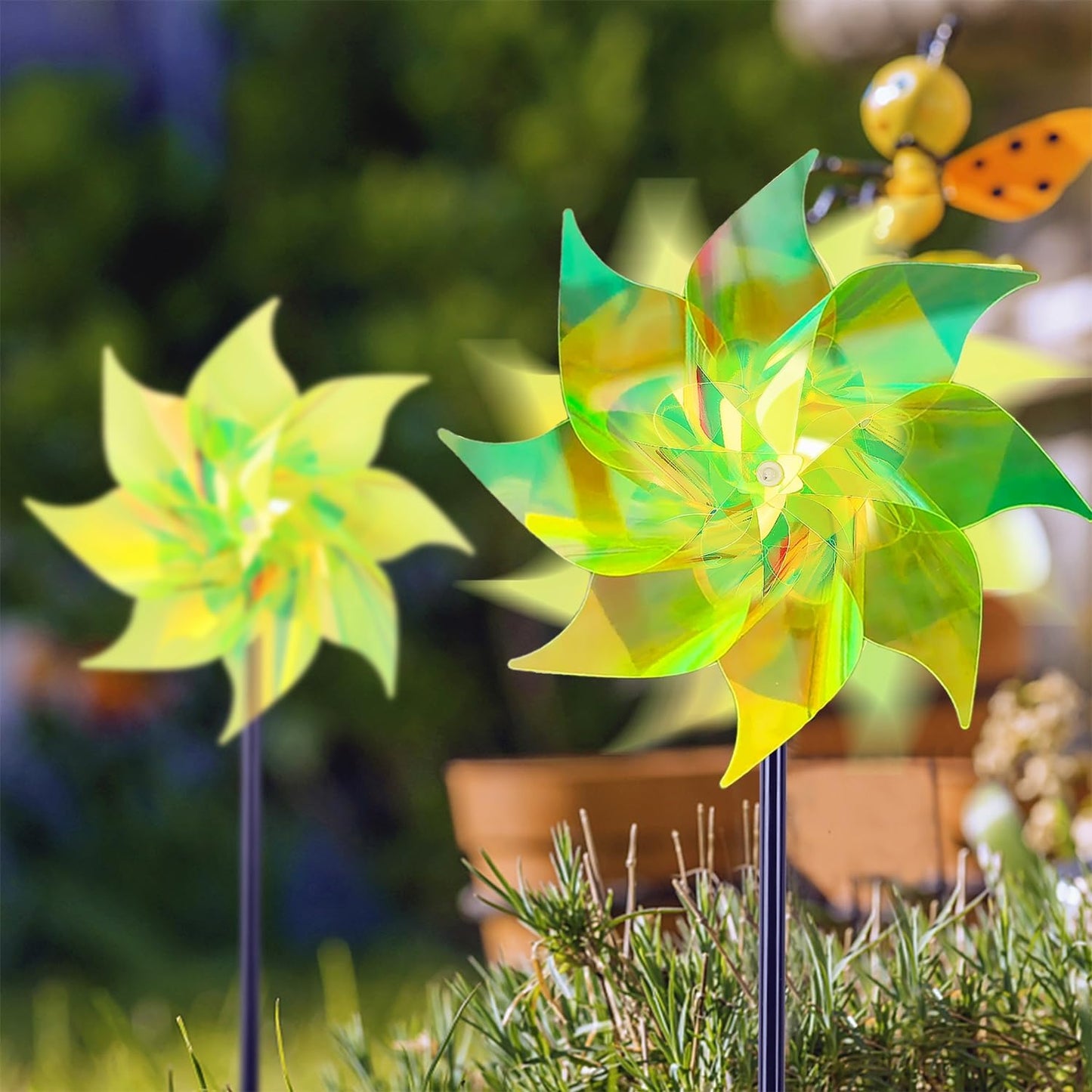 Hausse 10 Pack Reflective Pinwheels Wind Spinner, Extra Sparkly Pinwheel with Stakes, Bird Repellent Blinder Devices Deterrent to Scare Birds Away from Yard Patio Farm Garden, Transparent Yellow