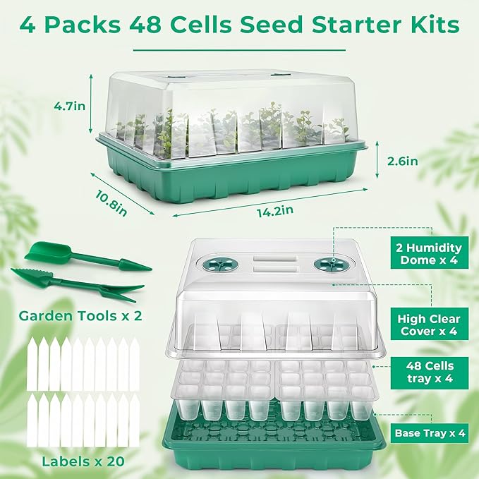 Hanaoyo 192 Cells Seed Starter Tray, 4 Packs Seed Starter Kit with Humidity Vented Domes and High Lid, Germination Kit for Indoor Greenhouse Seed Starter