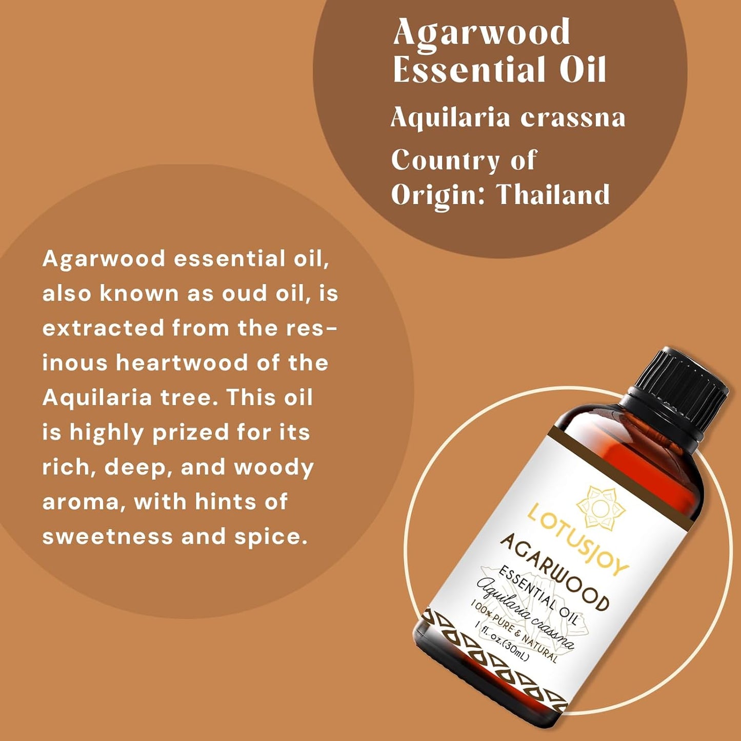 Agarwood Essential Oil, Pure Natural Organic Oud Essential Oil for Diffuser Meditation and DIY Cosmetic Making- 1 Oz