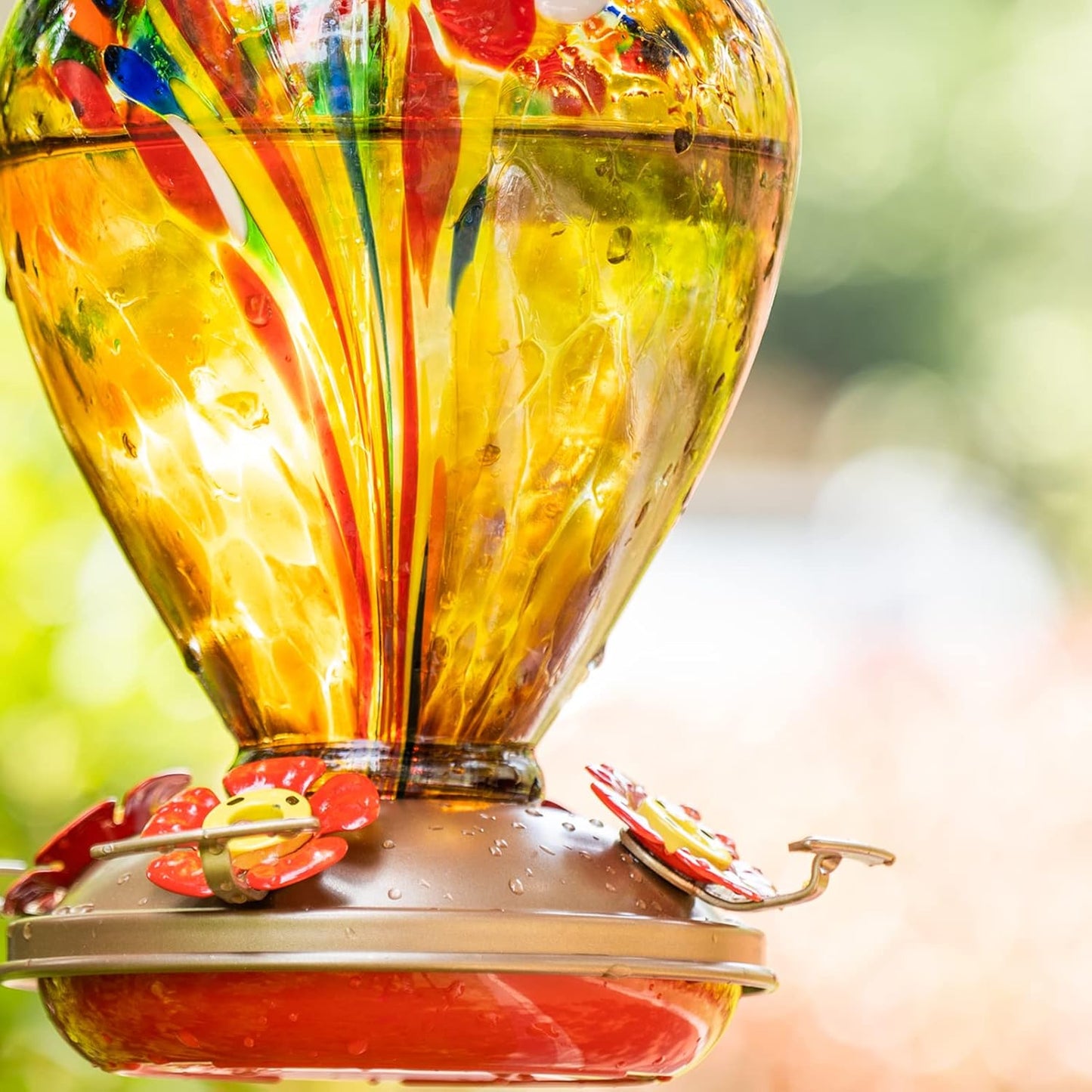 Hummingbird Feeder, 34OZ Hand Blown Glass Hummingbird Feeders for Outdoors Hanging, 4 Feeding Perch with Ant Moat Leakproof, Garden Yard Decor Gifts for Women Mom (Golden Balloon)