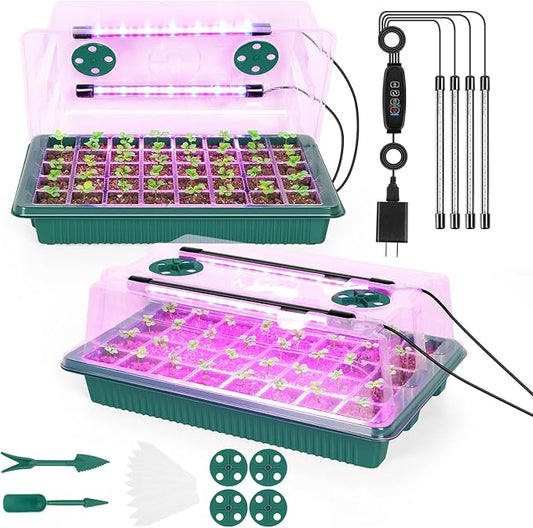 Seed Starter Tray with Grow Light 80 Cells Seed Starter Kit with Humidity Dome Indoor Seedling Starter Trays Adjustable Brightness and Timed Plant Germination Starter Trays for Seeds Growing, 2 Pack