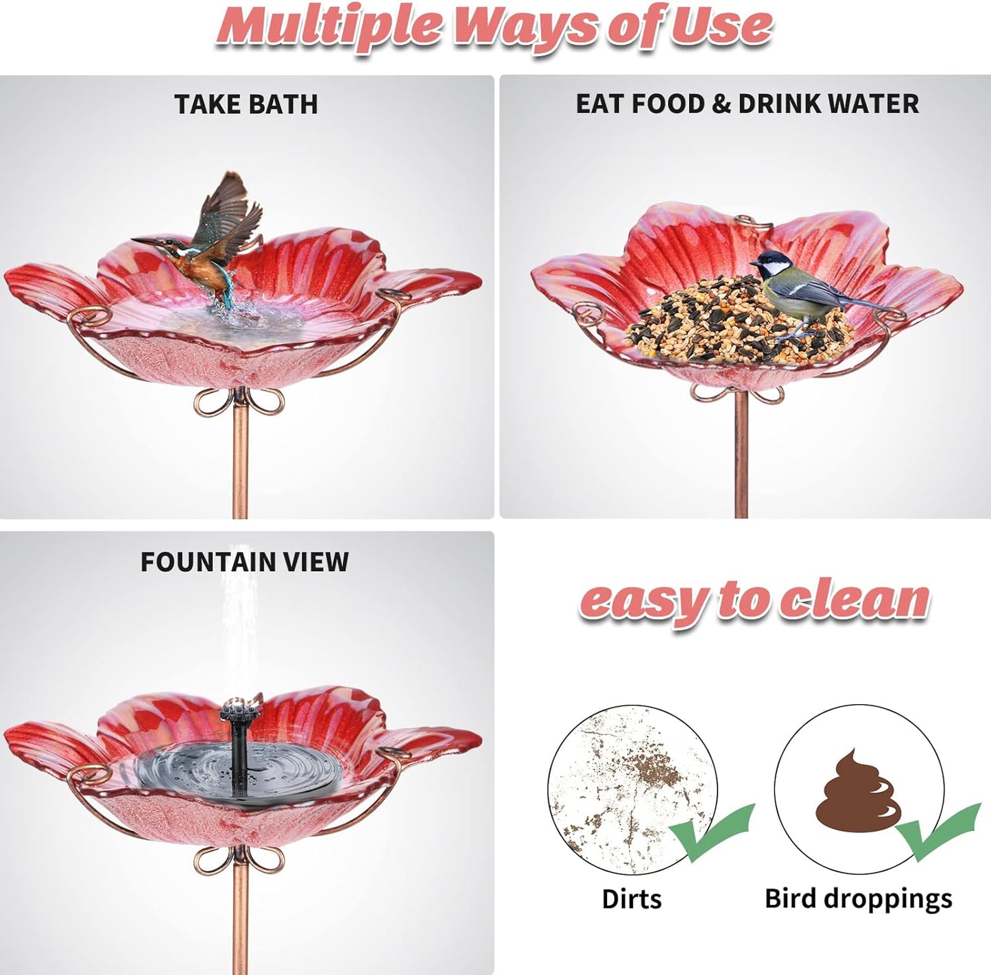 MUMTOP Bird Baths for Outdoors Glass Bird Bath Bowl Outdoor Bird Feeder Flower Pattern with Metal Stake for Garden, Yard and Lawn Decor (Red)