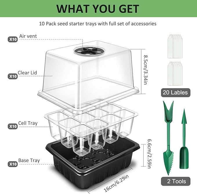 YAUNGEL Seed Starting Trays, 10 Pack 120 Cells Thicken Seed Starter Tray Kit with Humidity Dome/Heightened Lids Durable Growing Trays for Greenhouse & Gardens, Black