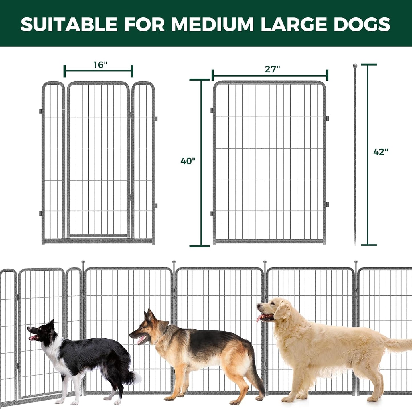 FXW Garden Fence Outdoor for The Yard – 40in(H) x 18.2ft(L) Heavy Duty Metal Animal Barrier for Dog and Rabbit, Decorative Dog Fence, 8 Panels, Silver